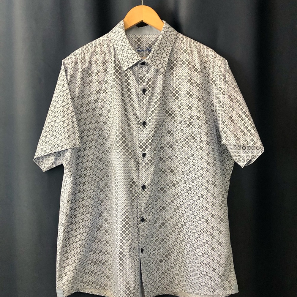 Tasso Elba Mens XXL 18 Blue Medallion Tile Print Short Sleeve Button Down Shirt